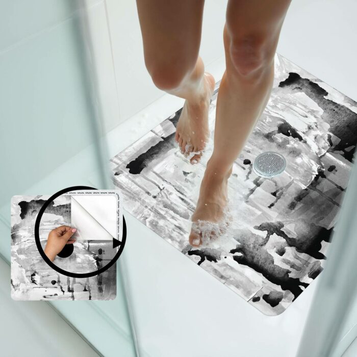 Abstract Black and White DA1- Anti Slip Mat for Shower Without Suction Cups & Drain Cut Options | Premium, Resilient, Non Abrasive Non Skid Shower Sticker