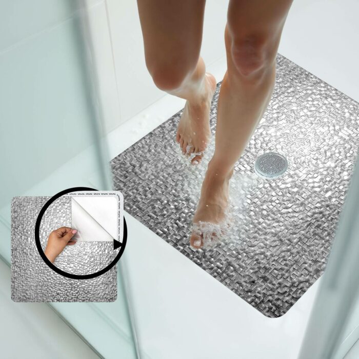 Metallic Gray Anti Slip Mat for Shower Without Suction Cups & Drain Cut Options | Premium, Resilient, Non Abrasive Non Skid Shower Sticker