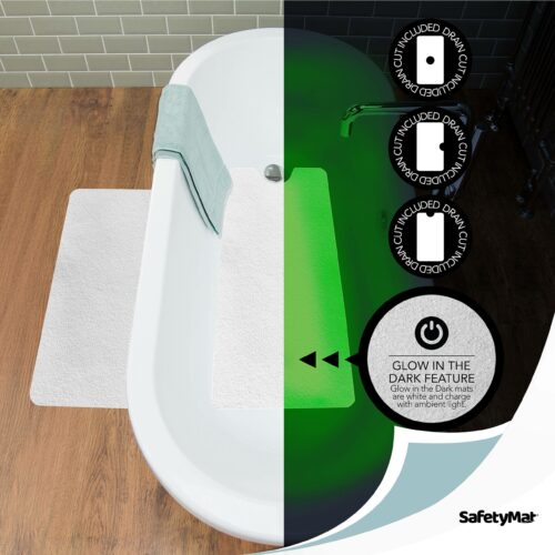 SafetyMat: 16"x40" White Non-Slip Bath Mat for Tub with Multiple Drain Cut Options & Glow in the Dark Feature – Ultra-Thin, Peel & Stick Premium Vinyl | Certified for Safety & Nighttime Visibility