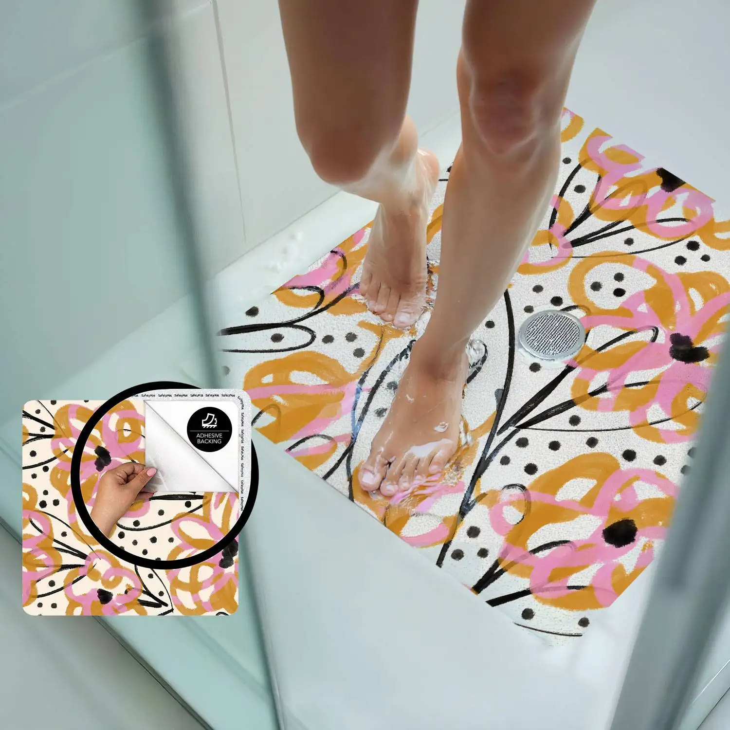 Floral Hand-Painted Bath Mat – Peel & Stick, Slip-Resistant Safety Mat for Fall Prevention | R11 + NFSI Certified | SafetyMat®