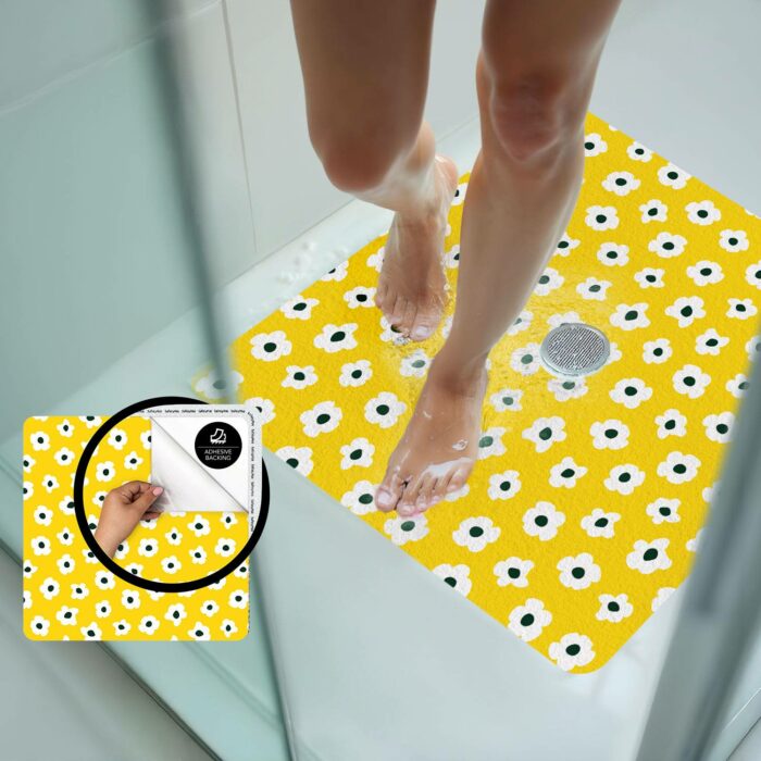 floral bathroom mats - yellow daisy shower mat non slip, peel stick