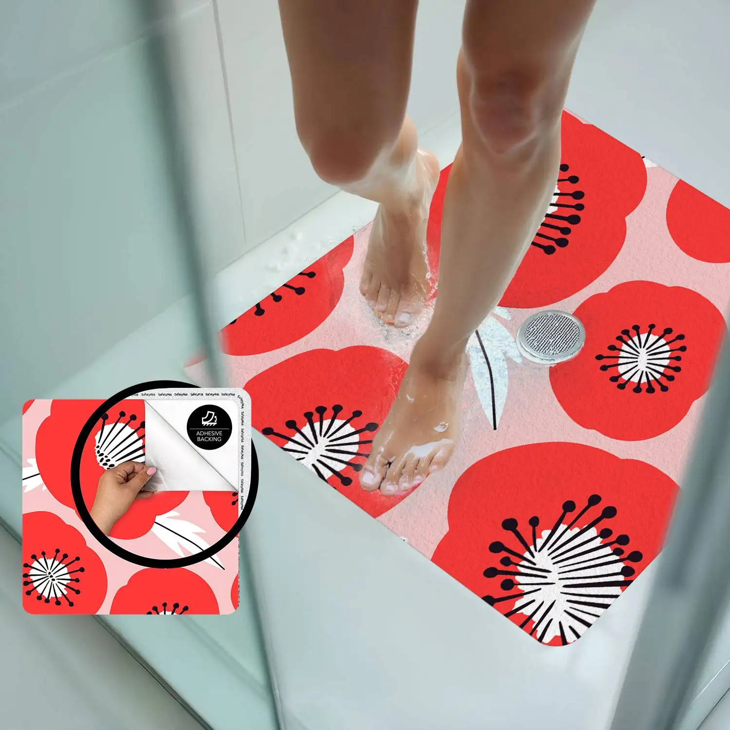Bold Red Poppy Non Slip Shower Mat