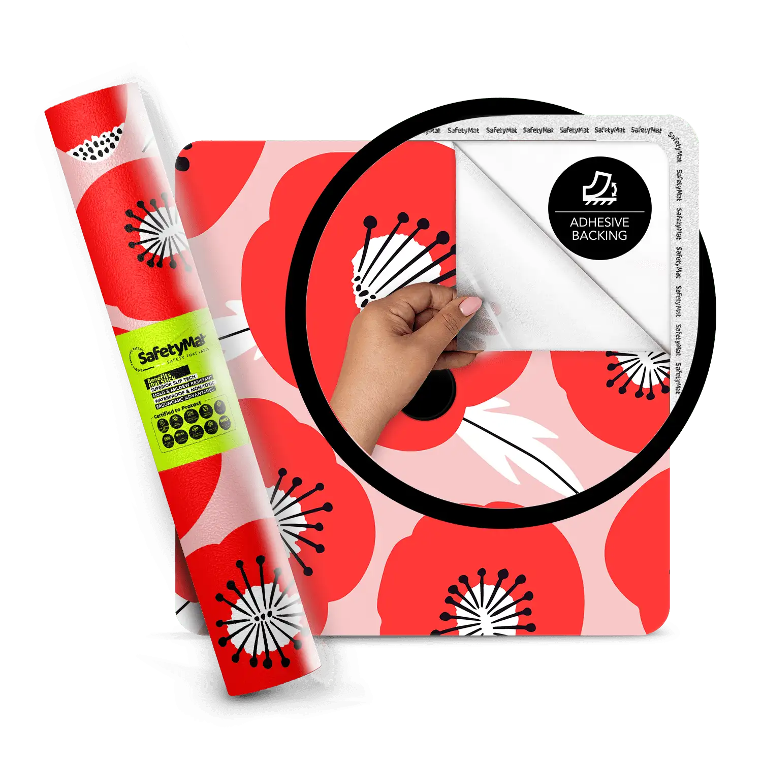 Vibrant Poppy Flower Bath Mat – Peel & Stick, Slip-Resistant Safety Mat for Fall Prevention | R11 + NFSI Certified | SafetyMat®