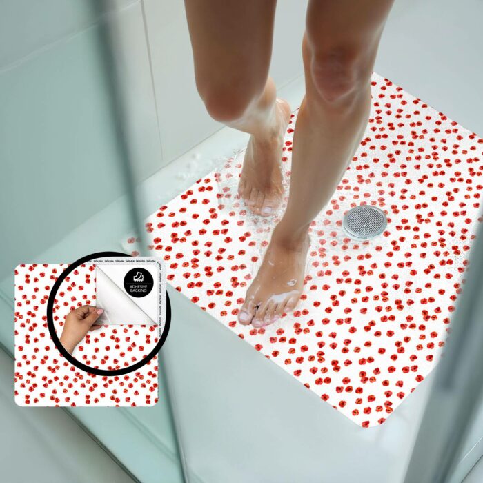 Red Poppy Flower Print Shower Mat Without Suction Cups  | Peel and Stick Bathroom Anti Slip Mat Certified for Safety - Image 2