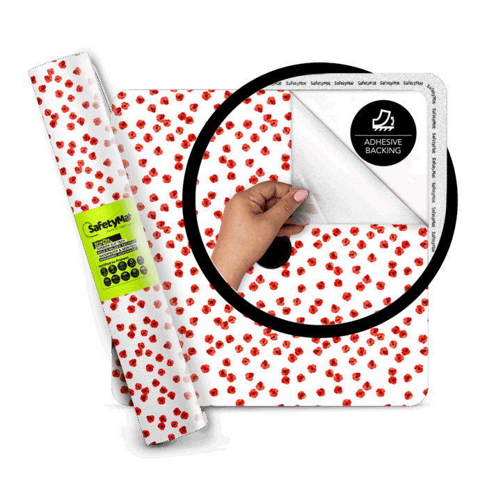 Red Poppy Flower Print Shower Mat Without Suction Cups  | Peel and Stick Bathroom Anti Slip Mat Certified for Safety