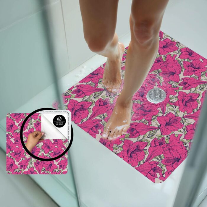 Fushia Amarilis Floral Pattern Shower Mat | Peel and Stick, Anti Slip Mat Certified for Safety - Image 2