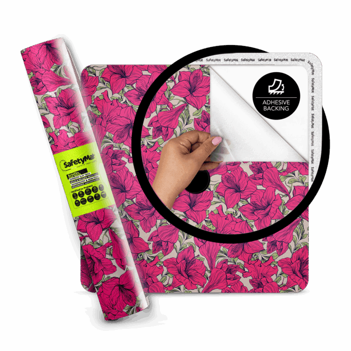 Fushia Amarilis Floral Pattern Shower Mat | Peel and Stick, Anti Slip Mat Certified for Safety