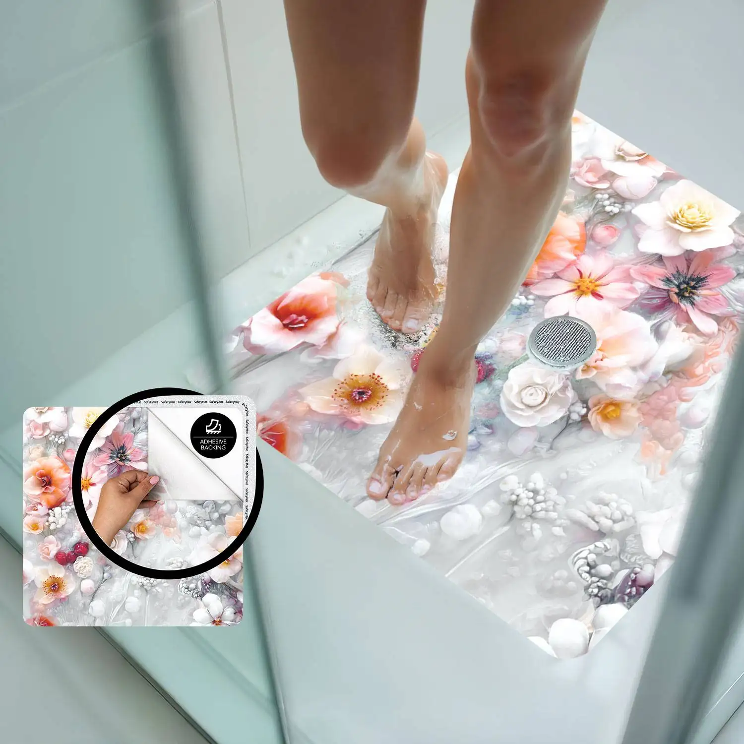 Spring floral design anti-slip bath mat with peel and stick grip