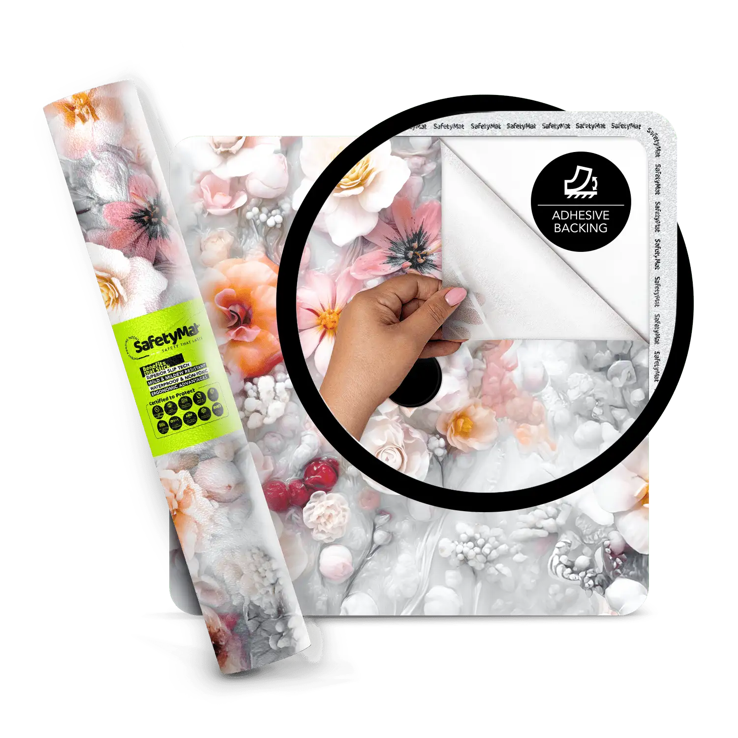 Spring Floral Print Bath Mat – Peel & Stick, Slip-Resistant Safety Mat for Fall Prevention | R11 + NFSI Certified | SafetyMat®