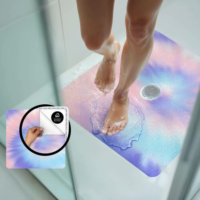 Soft Pastel Watercolor Vinyl Mat for Shower - Safety Mat Without Suction Cups & Drain Cut Options | Premium, Resilient, Non Abrasive Non Skid Shower Sticker