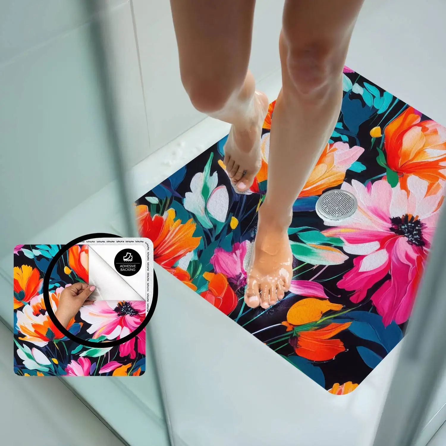 Flower Print Bath Mat – Peel & Stick, Slip-Resistant Safety Mat for Fall Prevention | R11 + NFSI Certified | SafetyMat®