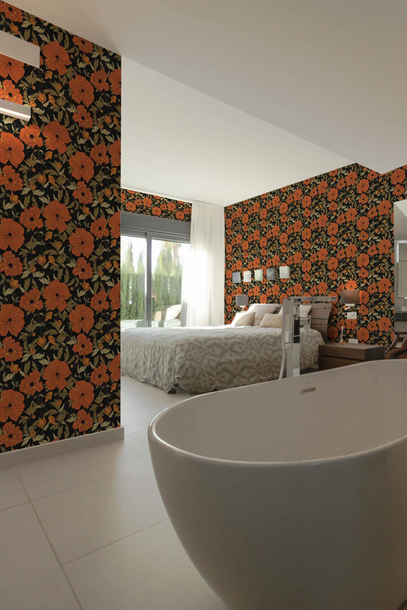 Red and black poppy floral Wallpaper - Image 3