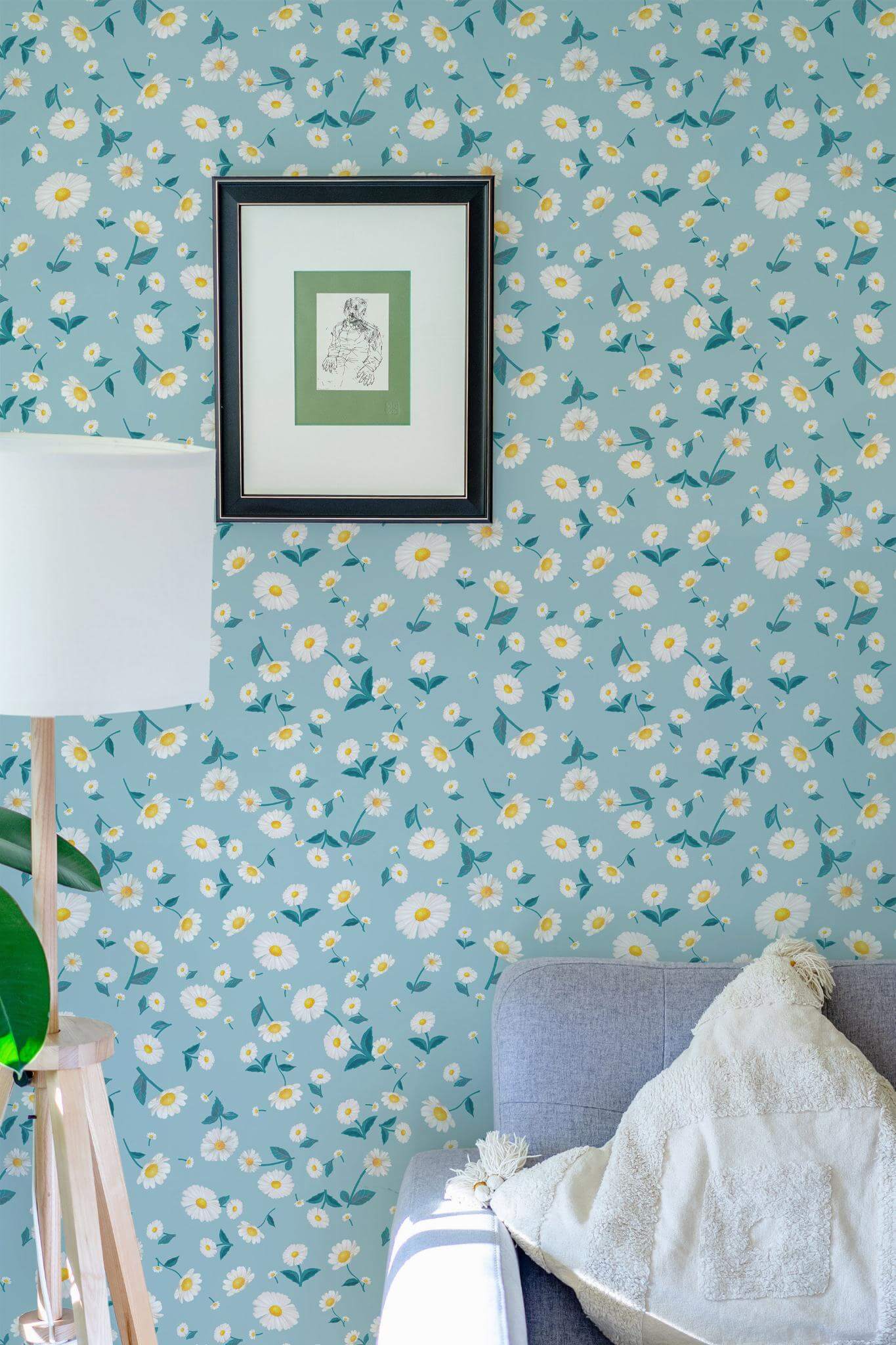 Blue and White Cute Daisy Wallpaper