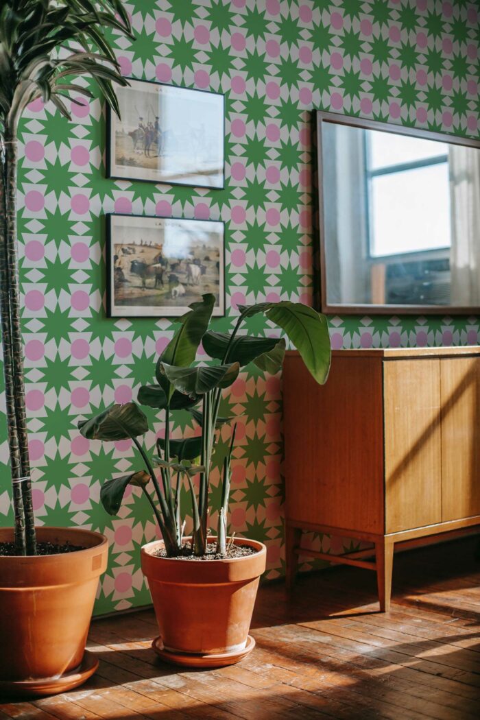 Whimsical Green Star Patterns Wallpaper