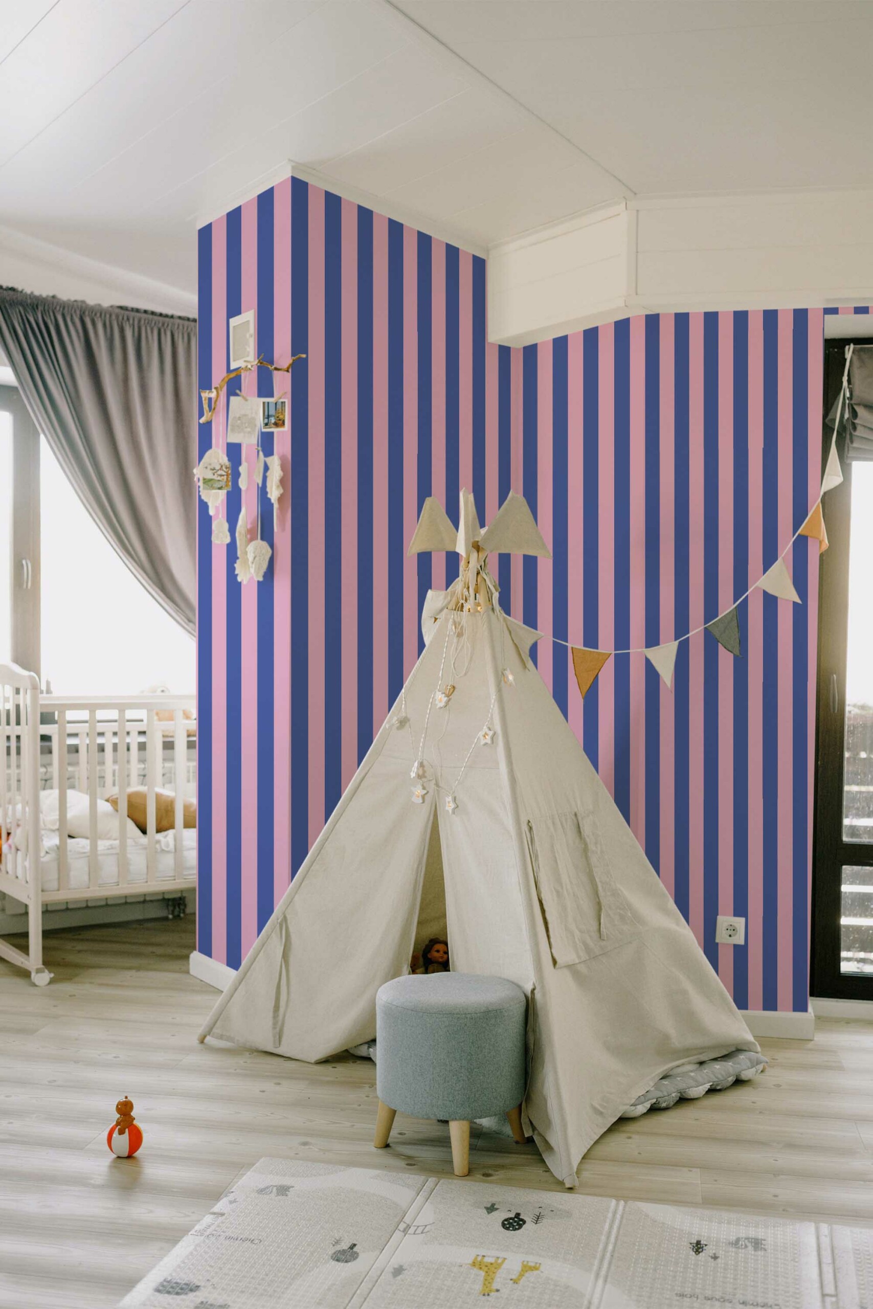 Cobalt and Pink Striped Wallpaper