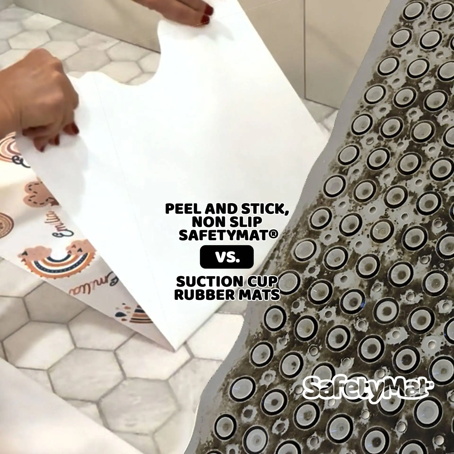 Peel and stick, non slip safety mats versus suction cup rubber mats