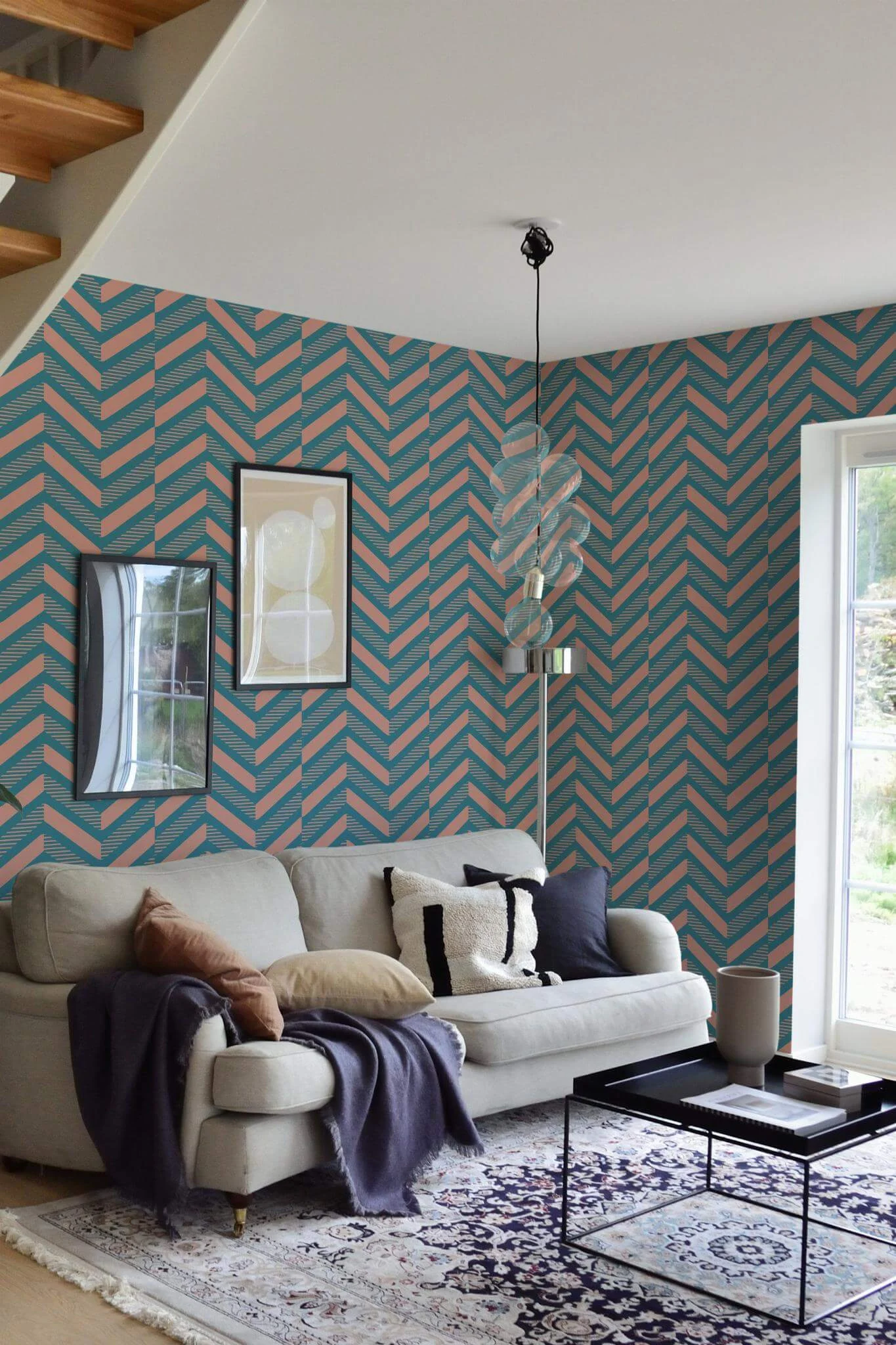 Pink and blue herringbone Wallpaper - Image 4