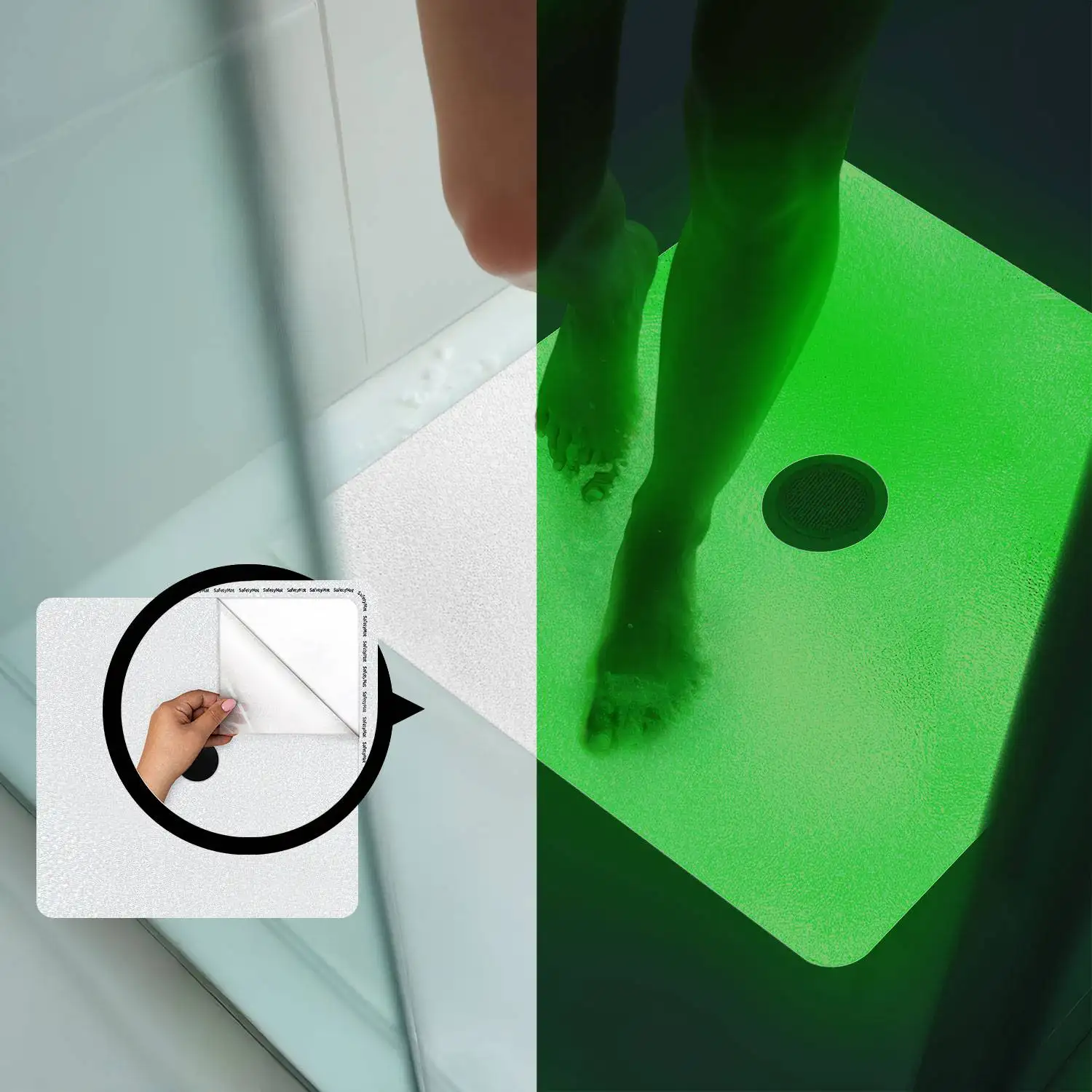 24"x24" White, Glow in the Dark Anti Slip Mat for Shower Without Suction Cups & Drain Cut Options | Premium, Resilient, Non Abrasive Non Skid Shower Sticker