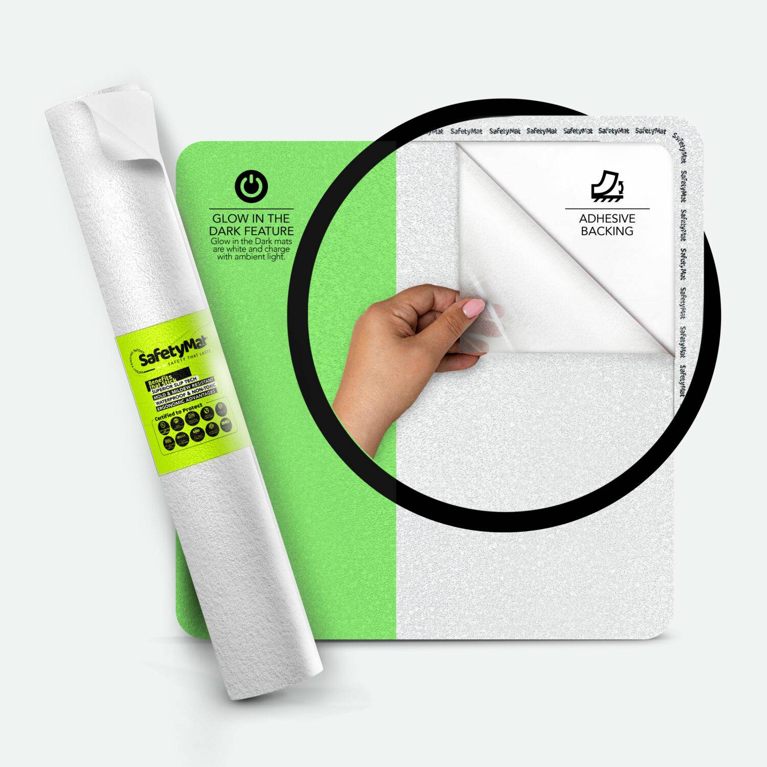 White, Glow in the Dark Non Slip Shower Mat - SafetyMat Premium, Resilient, Non Abrasive Non Skid Shower Sticker