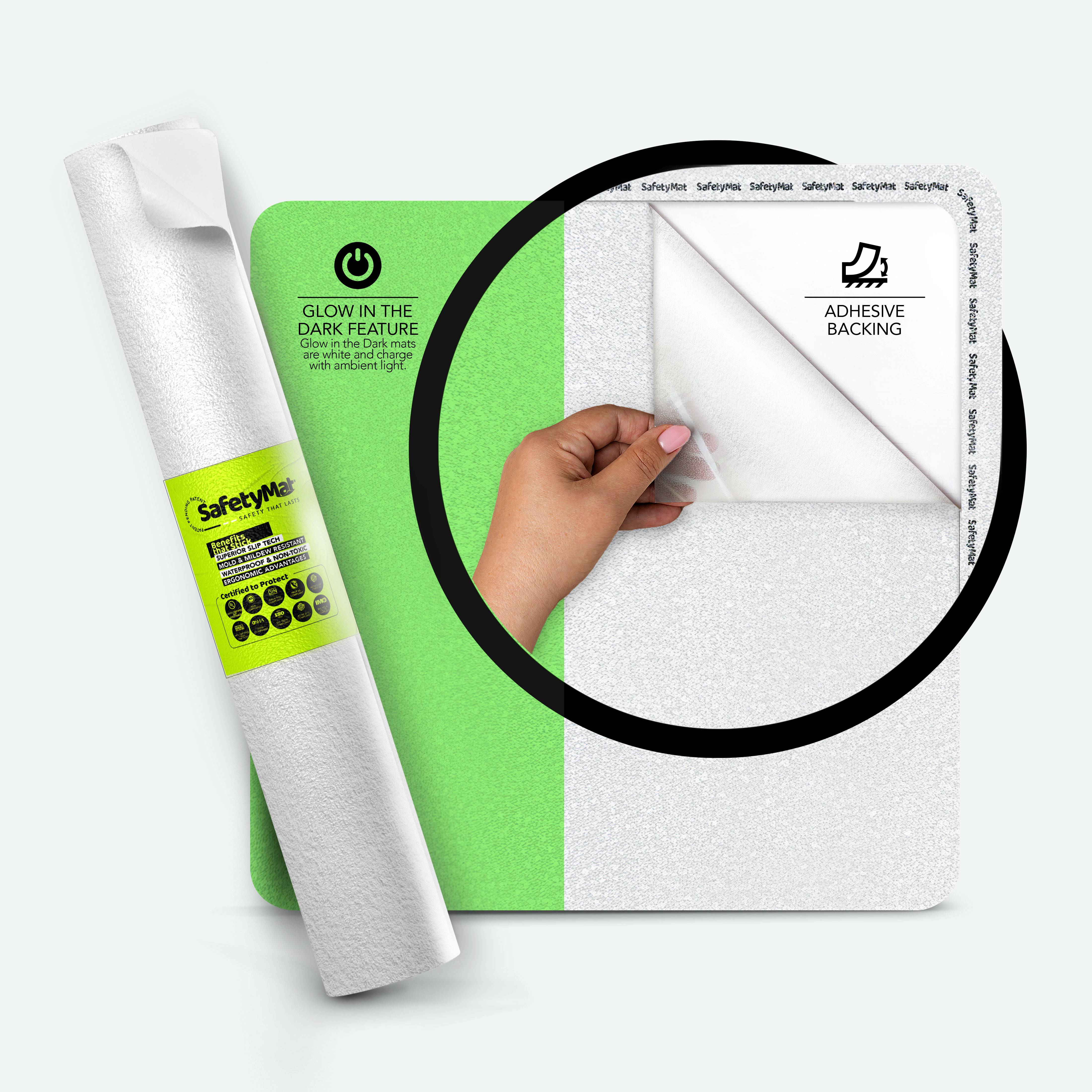 White, Glow in the Dark Non Slip Shower Mat – SafetyMat Premium, Resilient, Non Abrasive Non Skid Shower Sticker White, Glow in the Dark Shower Mat | Peel and Stick, Anti Slip Bath and Shower Safety Mat