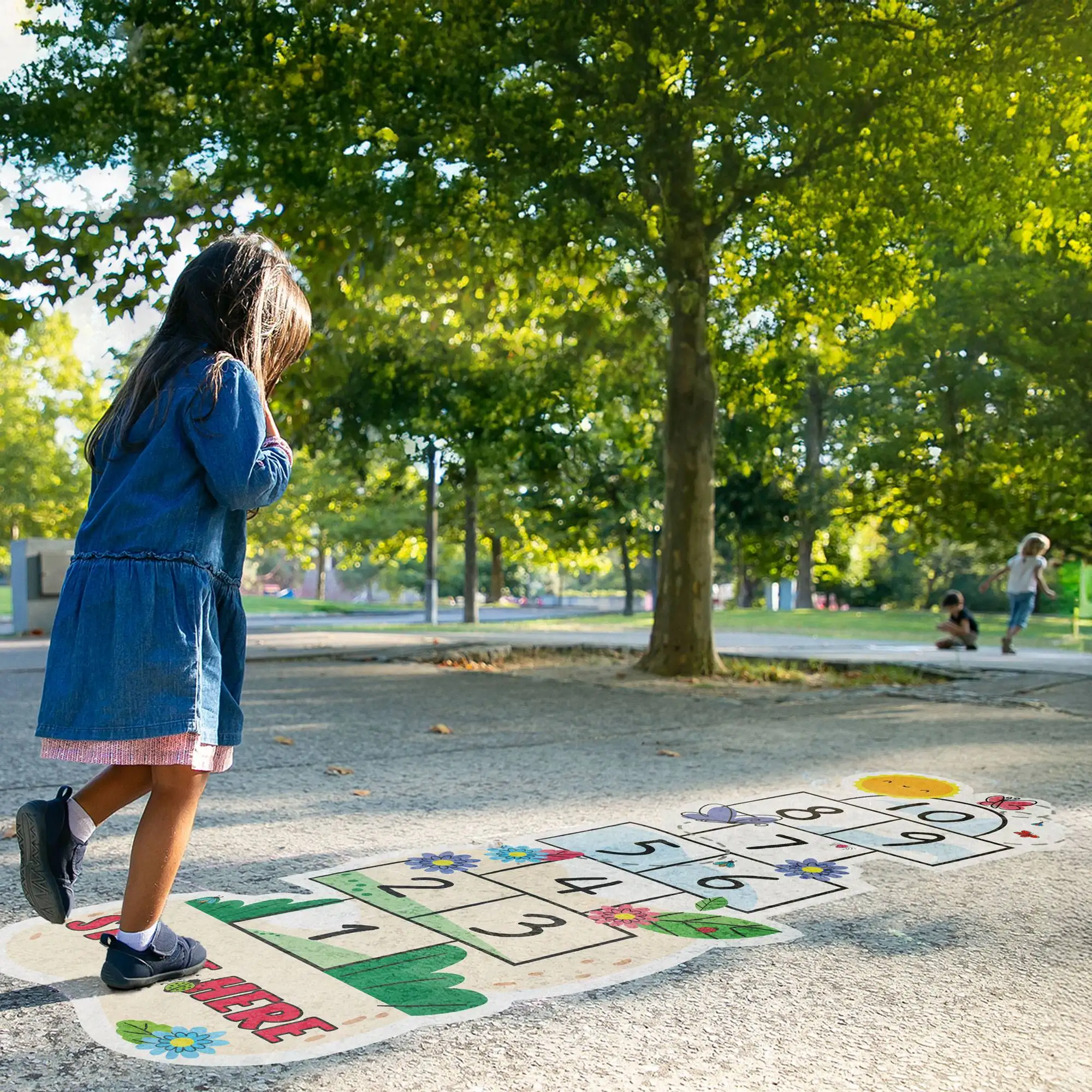 Child playing hopscotch in a park on sunny day | SafetyMat ®  Peel and Stick, Non Slip Vinyl Flooring Rolls, Vinyl Sheets, and Safety Mats