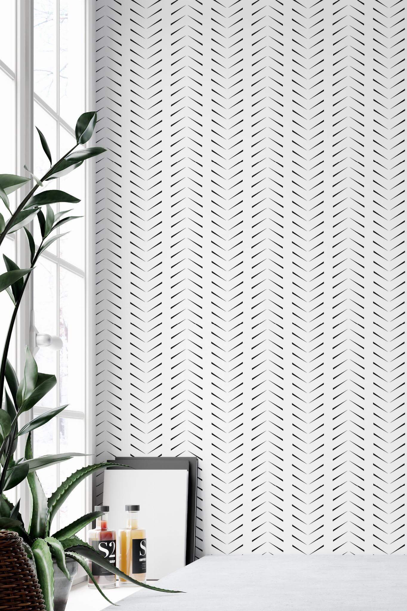 Zig-zag black and white herringbone Wallpaper