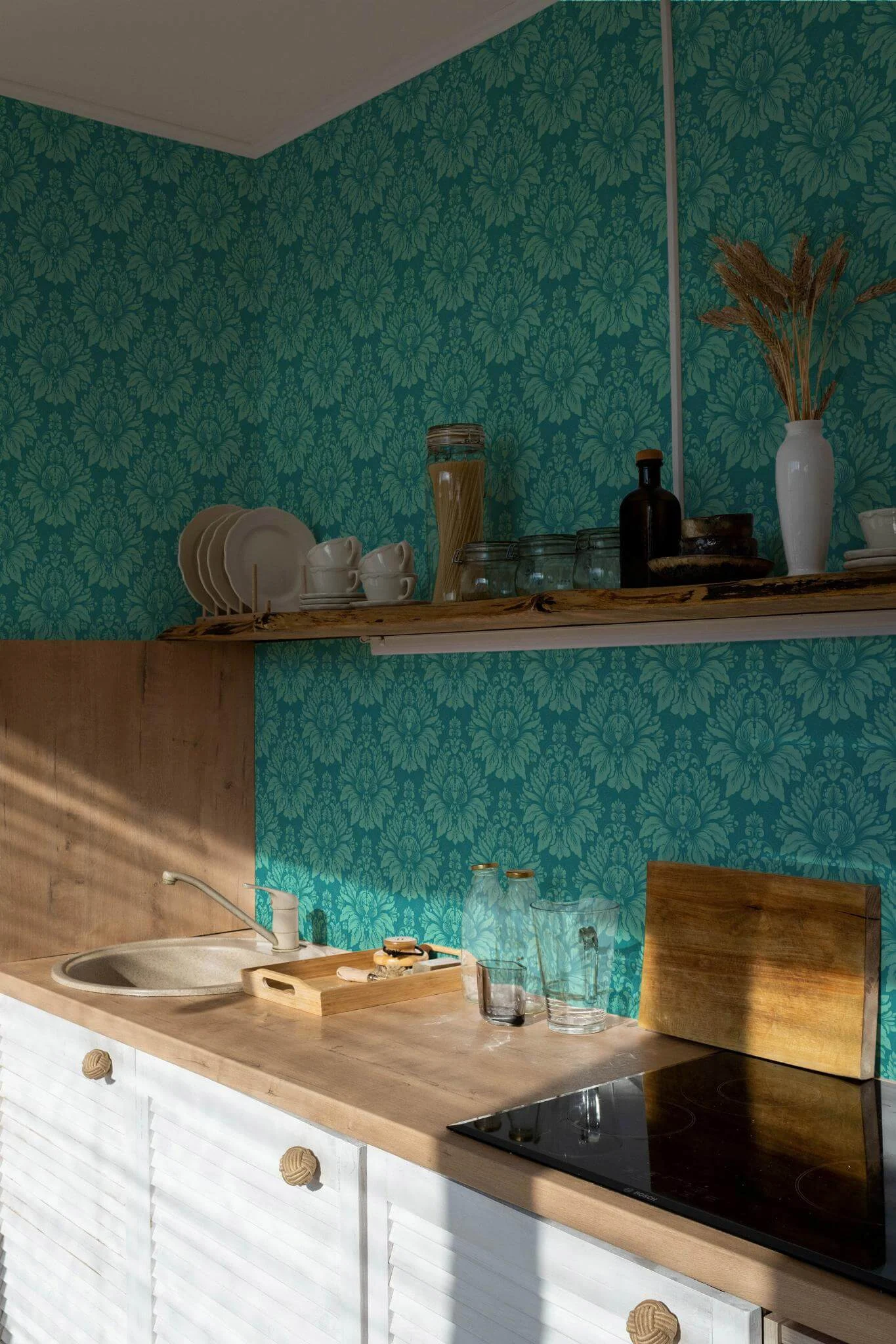 Turquoise Damask Harmony Wallpaper - Image 4